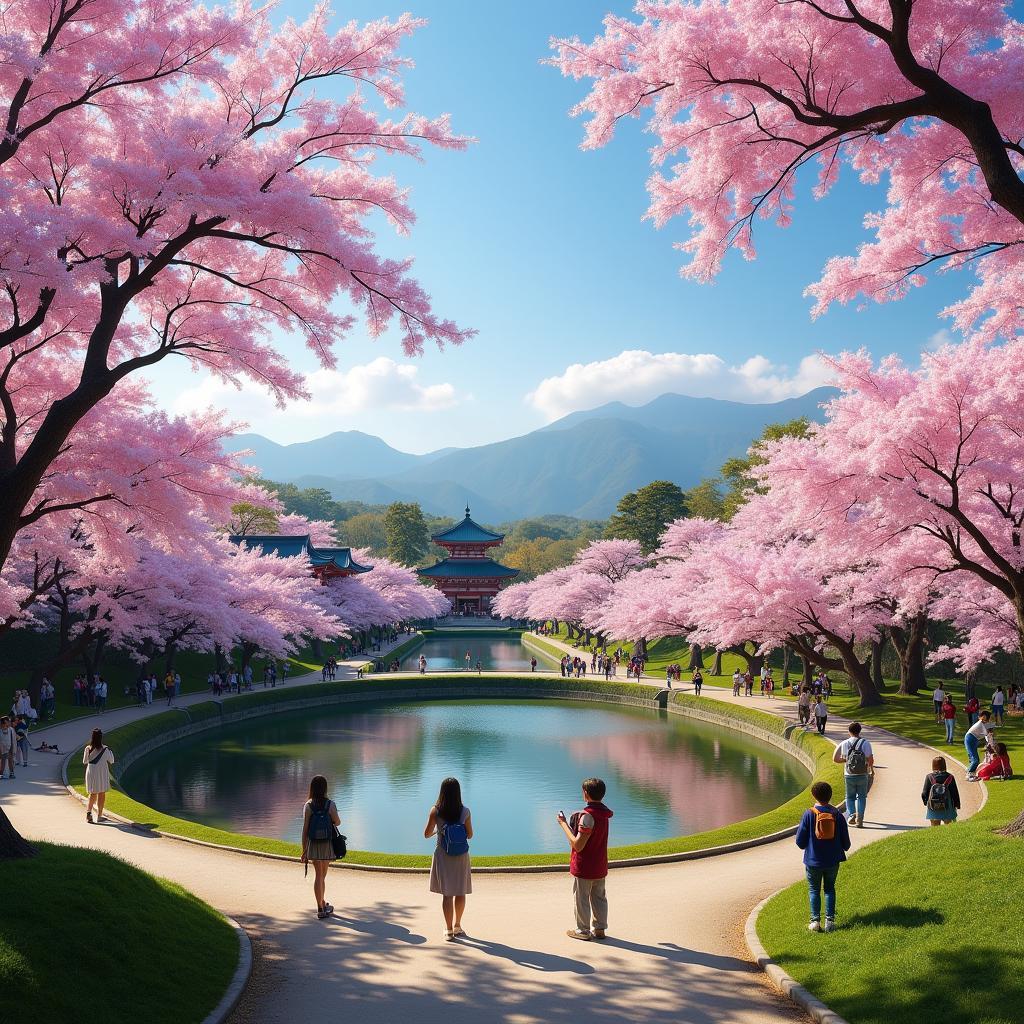 Khung cảnh hoa anh đào nở rộ tuyệt đẹp ở công viên tại Nhật Bản vào tháng 3 với kiến trúc truyền thống